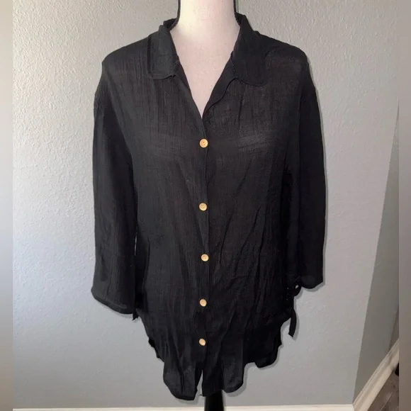 Black Summer Linen High Low Oversized Button Down Tee Size Medium - Picture 5 of 7